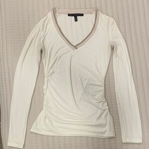 White House Black Market Cream with Silver Beaded V-Neck Top